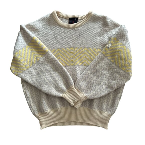 Vintage DEMETRE 100% Wool Knit Sweater Beige & Yellow Geometric Pattern Size XLa - Picture 2 of 12